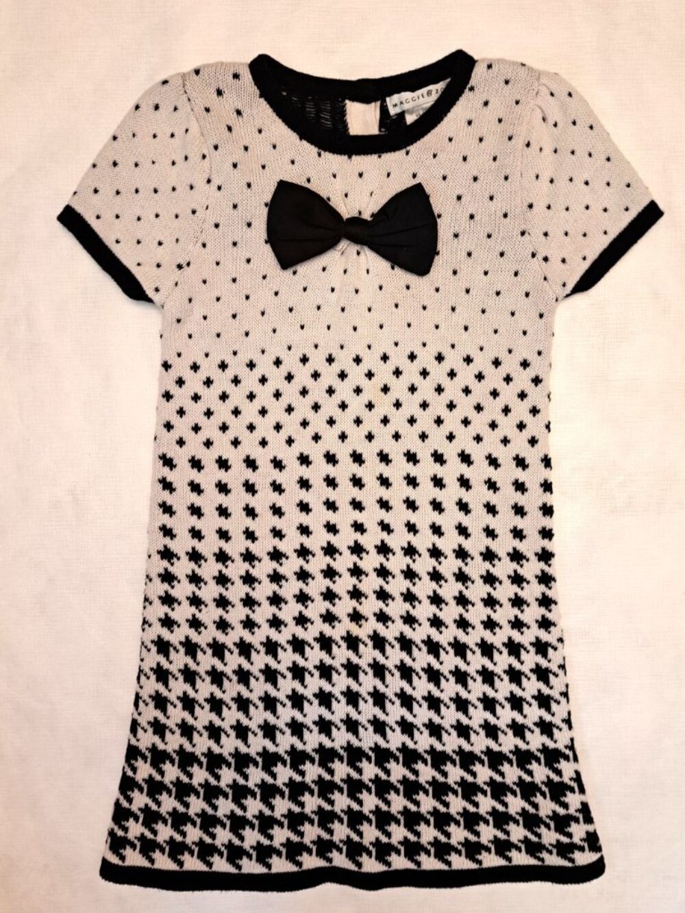 Maggie & Zoe Girls 3T Black White Houndstooth Knit Dress Bow Accent EUC Holiday